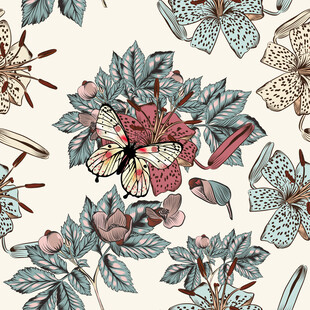 花卉蝴蝶图案无缝背景数码印花