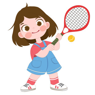 卡通可爱女孩穿背带裤打网球插画