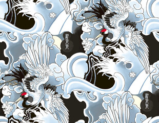 日式风海浪白鹤图案印花