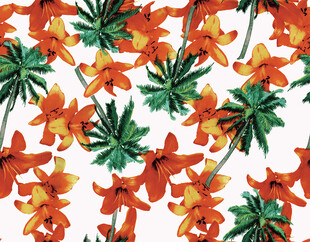 橙色花卉与绿叶图案