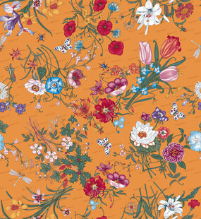 橙色底缤纷花卉图案