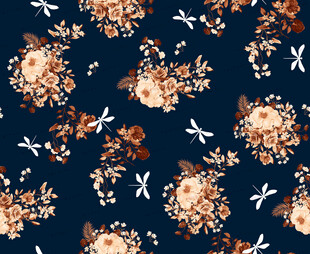 深蓝色底花卉飞鸟图案