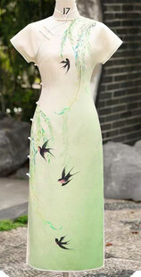 中式手绘飞鸟绿叶无袖衣