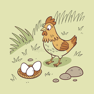 可爱母鸡与鸡蛋矢量插图