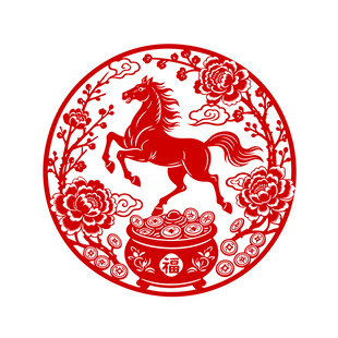 2026年马踏聚宝盆剪纸窗花贴