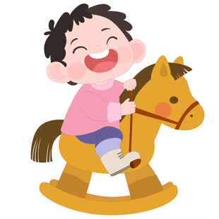 卡通男孩骑木马玩具开心大笑插画