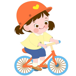 卡通女孩戴头盔开心骑自行车插画