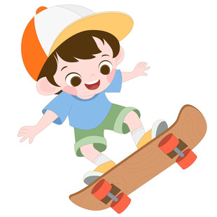 卡通小男孩戴帽子开心玩滑板插画