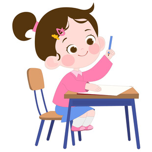 卡通女孩课堂上书桌前拿铅笔写字