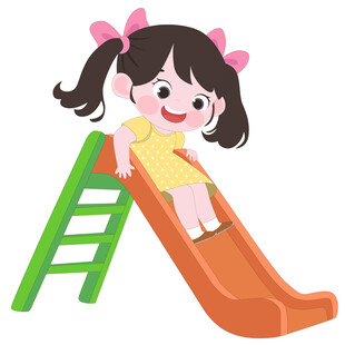 卡通风双马尾女孩开心滑滑梯插画