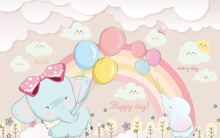 可爱气球大象小象儿童房背景墙