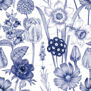 蓝白花卉图案设计素材