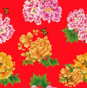 红色背景上的多彩牡丹花