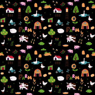 卡通动物植物黑色背景图案