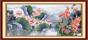 中式水墨荷花山水画作