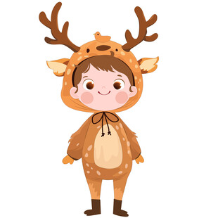 男孩穿卡通服斑点小鹿睡衣插画