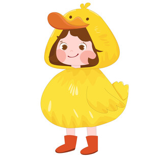 女孩穿卡通玩偶服小黄鸭睡衣插画