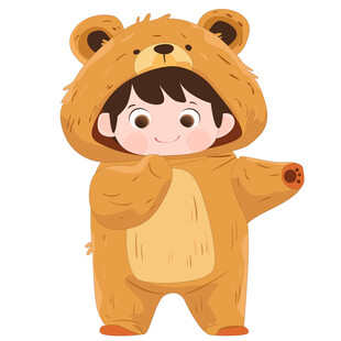 男孩穿卡通玩偶服小熊睡衣插画