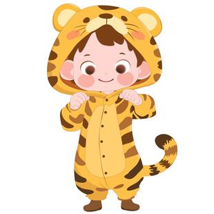 男孩穿卡通玩偶服老虎睡衣茶插画