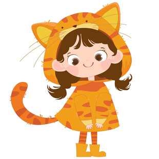 女孩穿卡通玩偶服猫咪睡衣插画