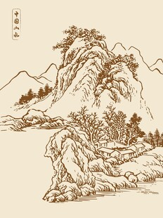 手绘矢量中国山水画插画