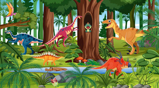 卡通恐龙世界绿色森林儿童背景墙
