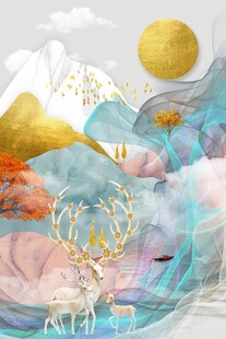 山水发财鹿画