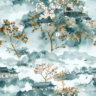 水墨风中式花卉山水图景