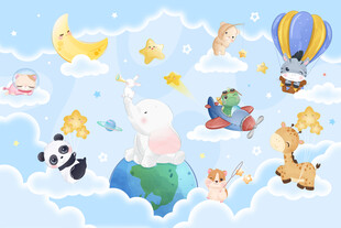 可爱动物卡通云朵星空儿童背景墙