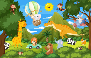 卡通山峰森林动物乐园儿童背景墙