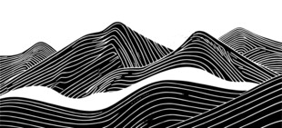 黑白线条勾勒的山峦景观