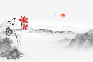 国画荷花山水背景墙