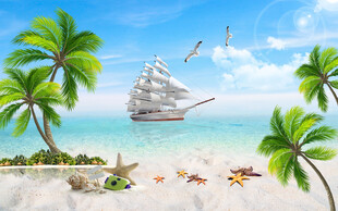 蓝天大海沙滩椰树背景墙