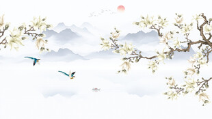 中式手绘花鸟背景壁画