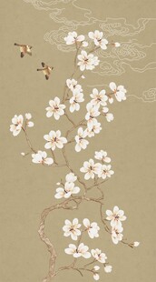 新中式手绘工笔玉兰祥云飞鸟图
