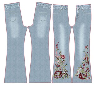 绣花浅蓝色喇叭牛仔裤