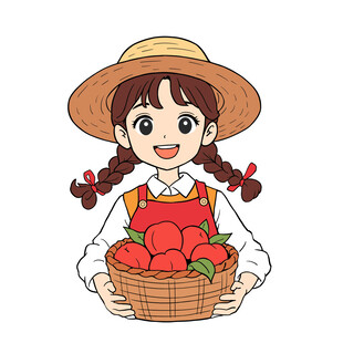 女孩捧篮丰收的桃子