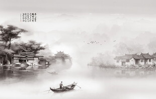 新中式山水楼阁背景墙