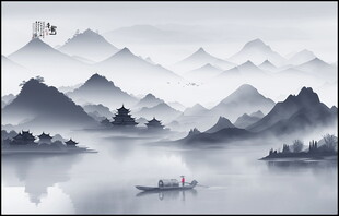 新中式意境水墨画山水背景墙