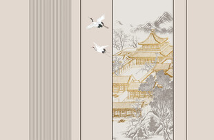 宋代美学新中式山水楼阁仙鹤背景