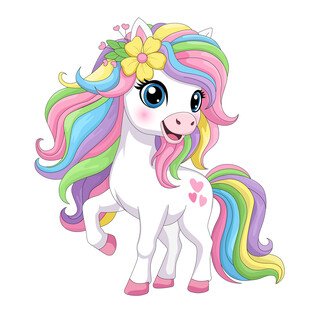 可爱马年彩虹小白马独角兽插画