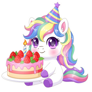 可爱马年过生日吃蛋糕彩虹小白马
