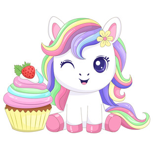 马年彩色蛋糕小白马小马驹插画