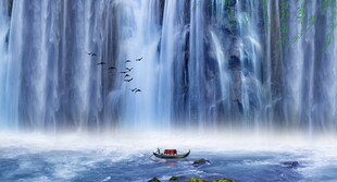 招财瀑布山水画