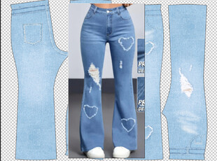 蓝色爱心图案喇叭牛仔裤