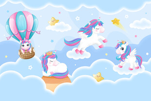 可爱卡通独角兽蓝色儿童房背景墙