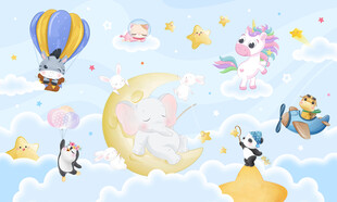 可爱卡通小动物月亮儿童房背景墙