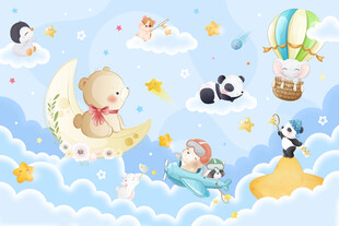 可爱动物卡通月亮星空儿童背景墙