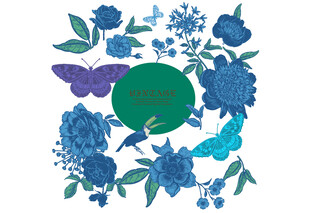 蓝紫花卉蝴蝶装饰图案