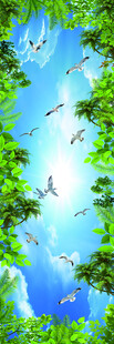 蓝天绿树间飞鸟自由翱翔